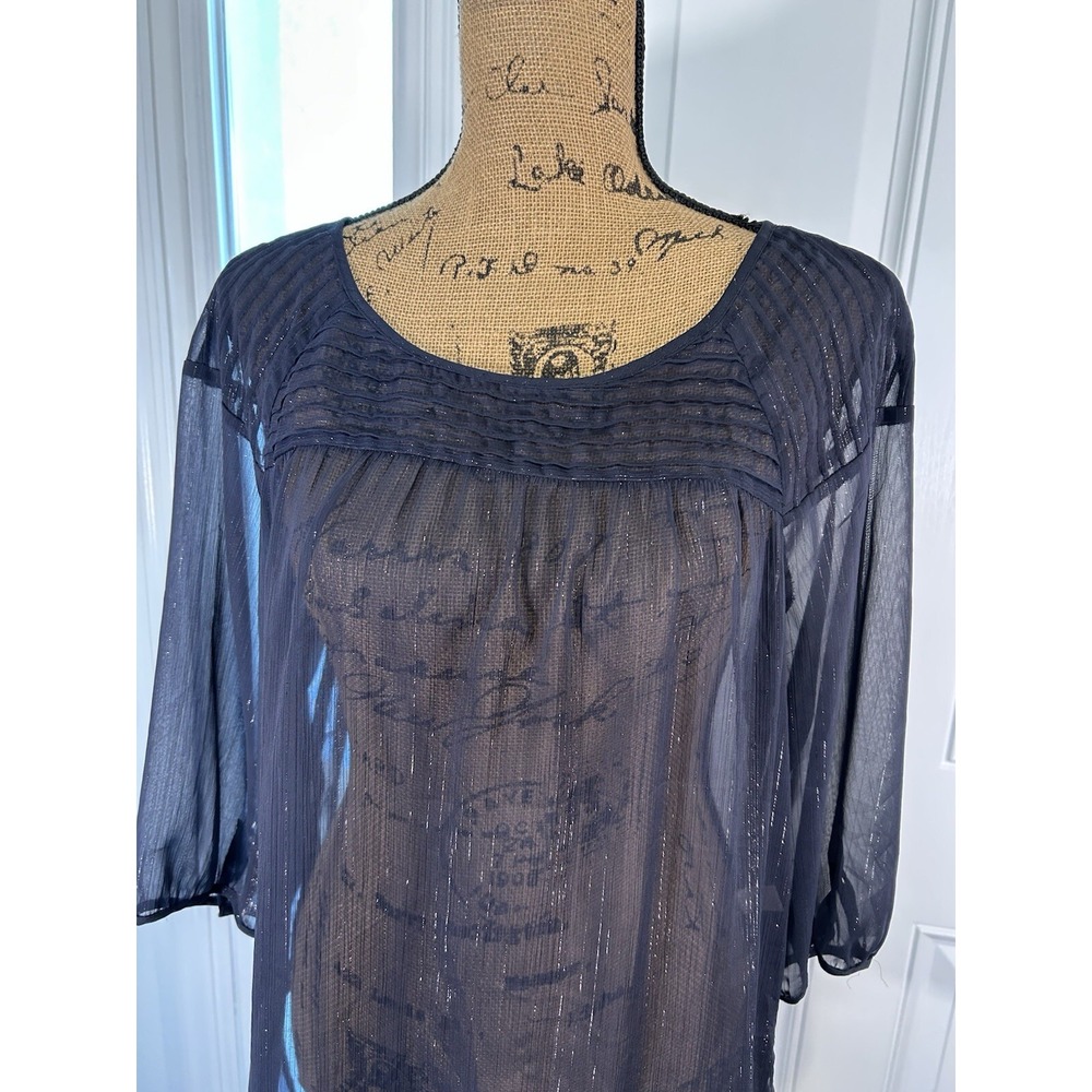 Laura Conrad Blouse Women's Large‎ Sheer Blue Sparkle Oversized 3/4 Sleeves